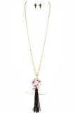 Rose Print Cutout Cross Disk Suede Tassel Necklace