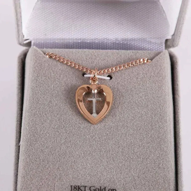 Cross in Heart Rose Gold & Sterling Silver 18" Necklace