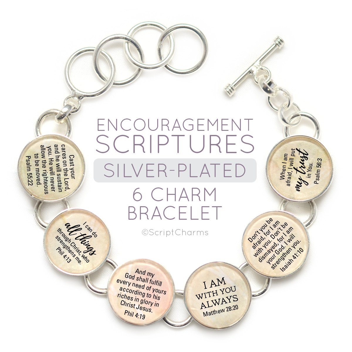 Encouragement Scriptures - Silver-Plated Bible Verse Charm Bracelet